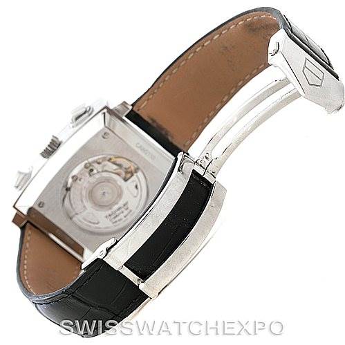 The image shows the back angle view of a Tag Heuer Monaco CAW2110 Men's Stainless Steel Black Dial CAW2110 Men's Stainless Steel Black Dial watch, highlighting its case back and leather strap.