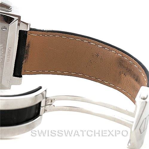 This image shows the backside and clasp of a Tag Heuer Monaco CAW2110 Men's Stainless Steel Black Dial CAW2110 Men's Stainless Steel Black Dial watch, focusing on the leather strap and part of the case.