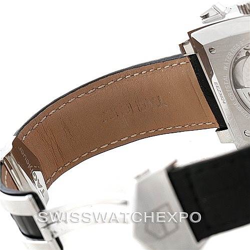 This image shows the underside of the leather strap and case back of a Tag Heuer Monaco CAW2110 Men's Stainless Steel Black Dial CAW2110 Men's Stainless Steel Black Dial watch.