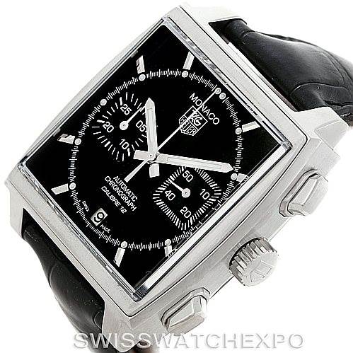 The image shows a Tag Heuer Monaco CAW2110 Men's Stainless Steel Black Dial CAW2110 Men's Stainless Steel Black Dial model watch at an angled side view, highlighting its rectangular face, crown, and push buttons.