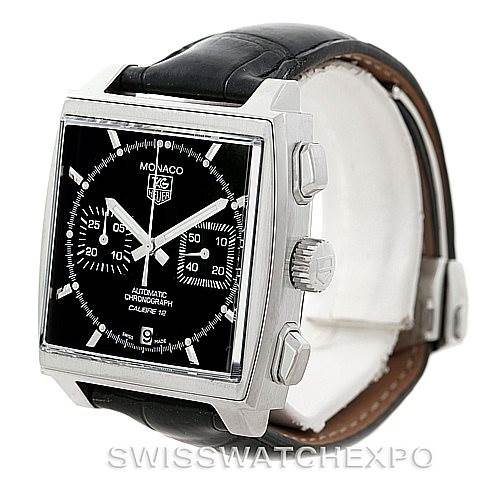The image shows a Tag Heuer Monaco CAW2110 Men's Stainless Steel Black Dial CAW2110 Men's Stainless Steel Black Dial watch from an angle that displays the face, side buttons, crown, and part of the leather strap.