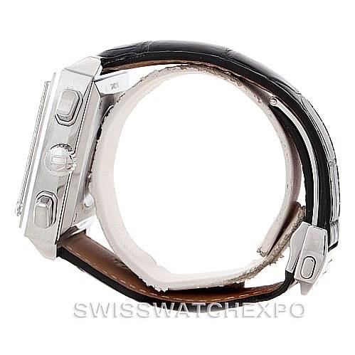 The image shows a side view of the Tag Heuer Monaco CAW2110 Men's Stainless Steel Black Dial CAW2110 Men's Stainless Steel Black Dial watch, highlighting the crown, chronograph pushers, and leather strap.