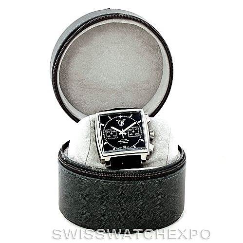 The image shows a Tag Heuer Monaco CAW2110 Men's Stainless Steel Black Dial CAW2110 Men's Stainless Steel Black Dial watch displayed at a slightly elevated angle in a black round case.