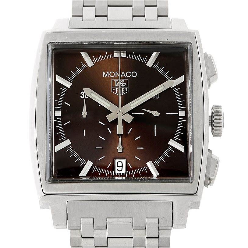 This image shows a frontal view of the Tag Heuer Monaco CW2114 Men's Stainless Steel Brown Dial CW2114 Men's Stainless Steel Brown Dial watch, featuring the face, crown, and part of the bracelet.
