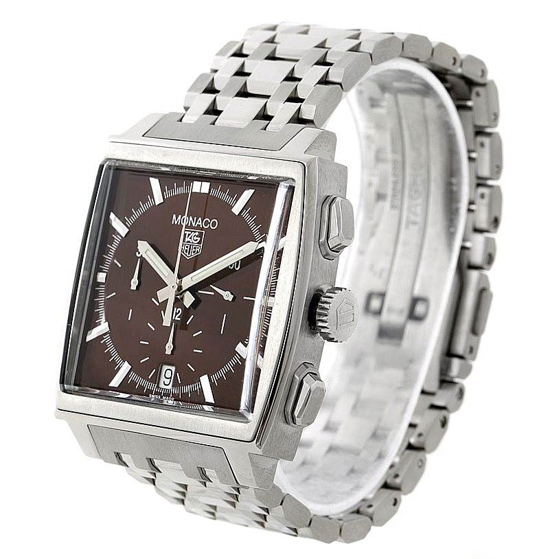 This image shows the face, crown, pushers, and metal bracelet of the Tag Heuer Monaco CW2114 Men's Stainless Steel Brown Dial CW2114 Men's Stainless Steel Brown Dial watch at an angled view.
