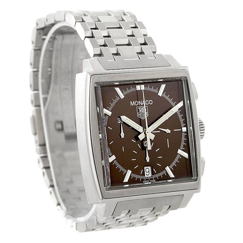 The Tag Heuer Monaco CW2114 Men's Stainless Steel Brown Dial CW2114 Men's Stainless Steel Brown Dial watch is shown from a front-angle view, displaying its face, crown, and metal bracelet.