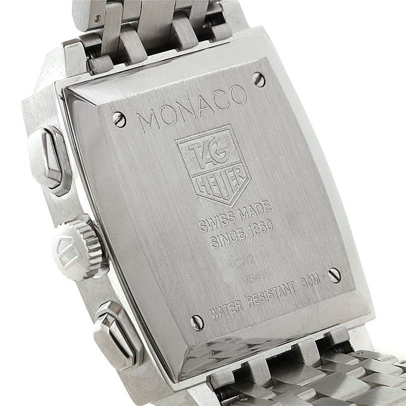 This image shows the back case and part of the bracelet of the Tag Heuer Monaco CW2114 Men's Stainless Steel Brown Dial CW2114 Men's Stainless Steel Brown Dial watch at an angle.