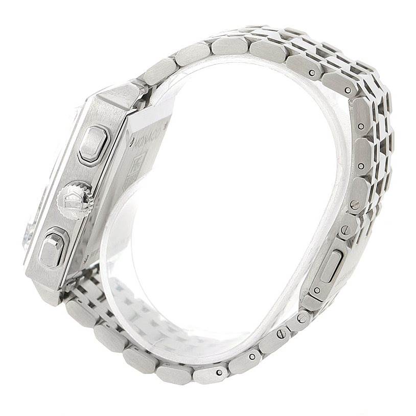 The image shows a side view of the Tag Heuer Monaco CW2114 Men's Stainless Steel Brown Dial CW2114 Men's Stainless Steel Brown Dial watch, highlighting the case, crown, pushers, and metal bracelet.