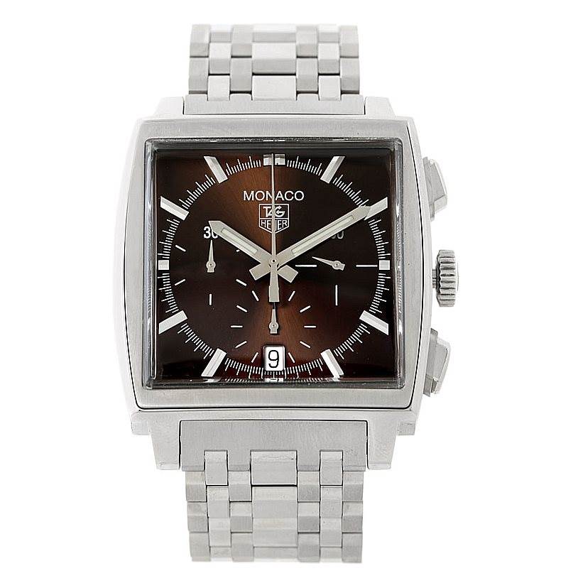 The image shows a front view of the Tag Heuer Monaco CW2114 Men's Stainless Steel Brown Dial CW2114 Men's Stainless Steel Brown Dial watch, highlighting the square face, dial, hands, date window, and metal bracelet.
