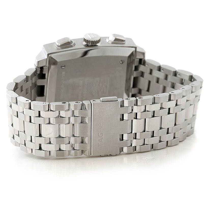 The image shows the back of a Tag Heuer Monaco CW2114 Men's Stainless Steel Brown Dial CW2114 Men's Stainless Steel Brown Dial watch, highlighting the stainless steel bracelet and the closed clasp.