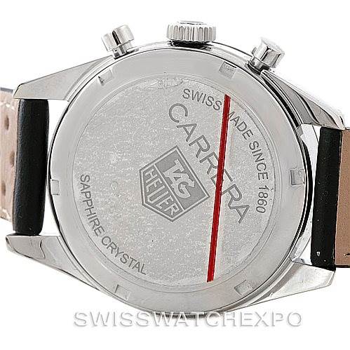 The image shows the back case of a Tag Heuer Carrera CV2110 Men
s Stainless Steel Silver Dial CV2110 Men
s Stainless Steel Silver Dial Classic model watch featuring its branding and details like "Swiss Made" and "Sapphire Crystal."