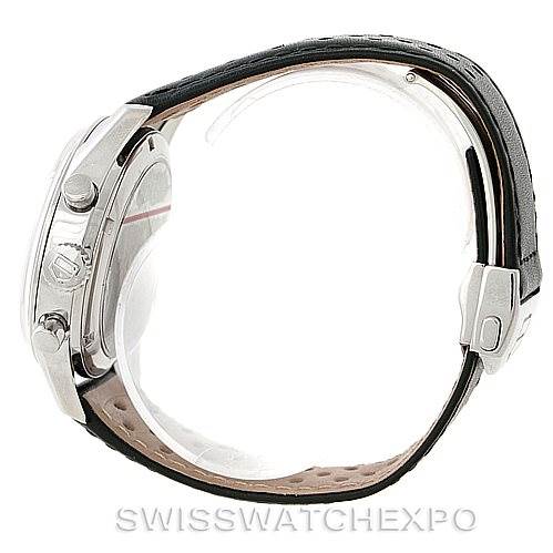 This image shows a side view of the Tag Heuer Classic model watch featuring the case, crown, pushers, and leather strap with a clasp.