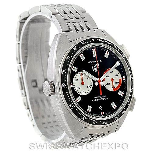 This Tag Heuer Autavia CY2111 Men
s Stainless Steel Black Dial CY2111 Men
s Stainless Steel Black Dial watch is shown at a slight angle, highlighting the face, bezel, and part of the stainless steel bracelet.