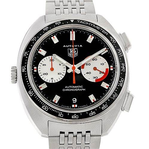 The image shows a front view of a Tag Heuer Autavia CY2111 Men
s Stainless Steel Black Dial CY2111 Men
s Stainless Steel Black Dial watch, highlighting its black dial, chronograph subdials, and tachymeter bezel.