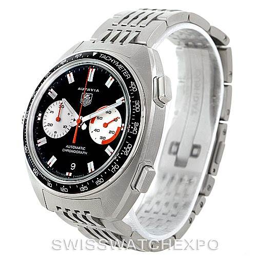 The image shows a Tag Heuer Autavia CY2111 Men
s Stainless Steel Black Dial CY2111 Men
s Stainless Steel Black Dial watch at a three-quarter angle, displaying the face, bezel, and part of the stainless steel bracelet.