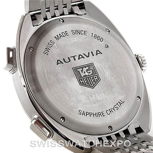 This image shows the back case of a Tag Heuer Autavia CY2111 Men
s Stainless Steel Black Dial CY2111 Men
s Stainless Steel Black Dial watch, displaying branding and specifications.