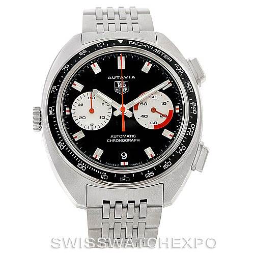 The Tag Heuer Autavia CY2111 Men
s Stainless Steel Black Dial CY2111 Men
s Stainless Steel Black Dial watch is shown from a top-down perspective, displaying its face, bezel, and bracelet.