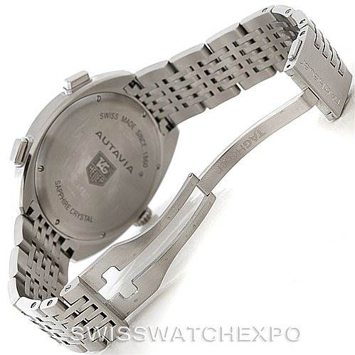 The image shows the back case and partially open clasp of a Tag Heuer Autavia CY2111 Men
s Stainless Steel Black Dial CY2111 Men
s Stainless Steel Black Dial model watch, showcasing its bracelet and deployment clasp.