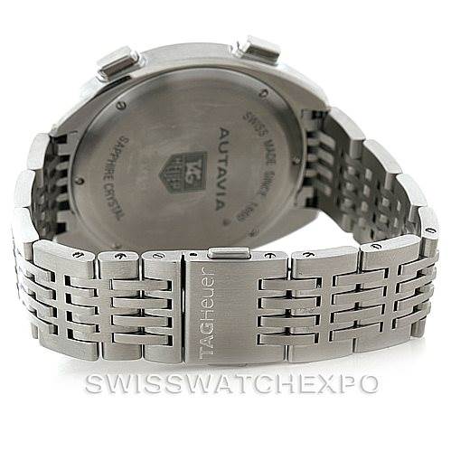 The image shows the back side of a Tag Heuer Autavia CY2111 Men
s Stainless Steel Black Dial CY2111 Men
s Stainless Steel Black Dial watch, including the back case and the metal bracelet clasp.