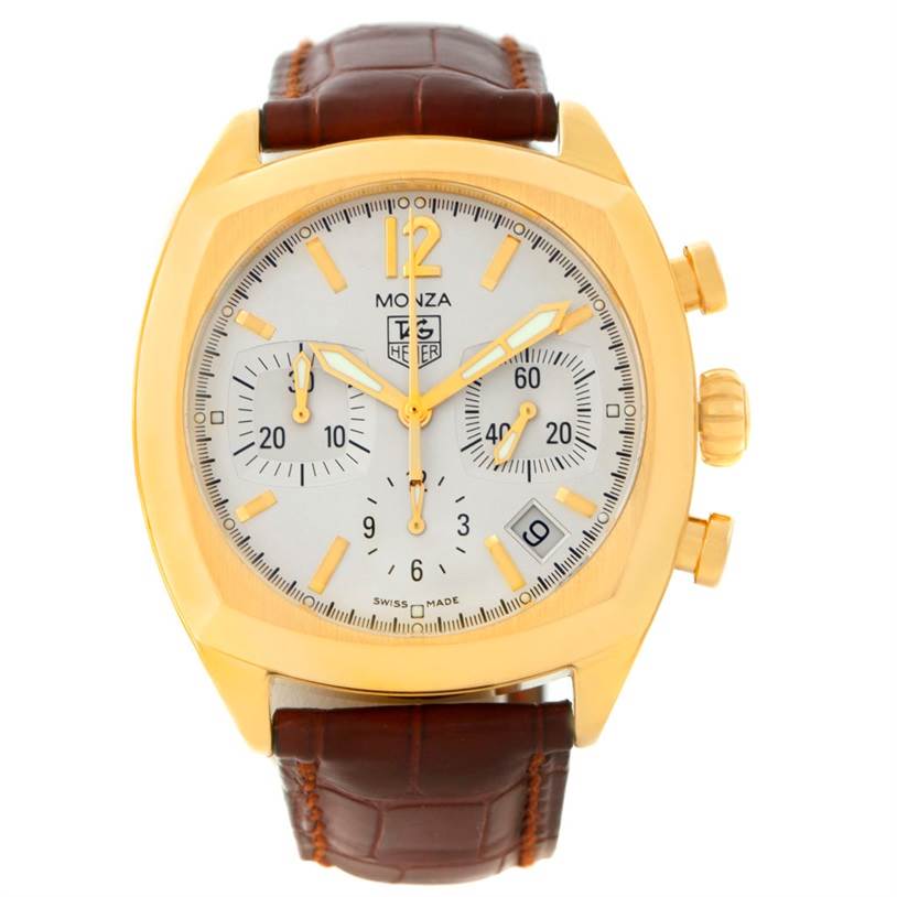 The image shows a front view of the Tag Heuer Monza CR514A.FC8145 Yellow Gold Silver Dial CR514A.FC8145 Yellow Gold Silver Dial watch displaying its dial, case, crown, and brown leather strap.