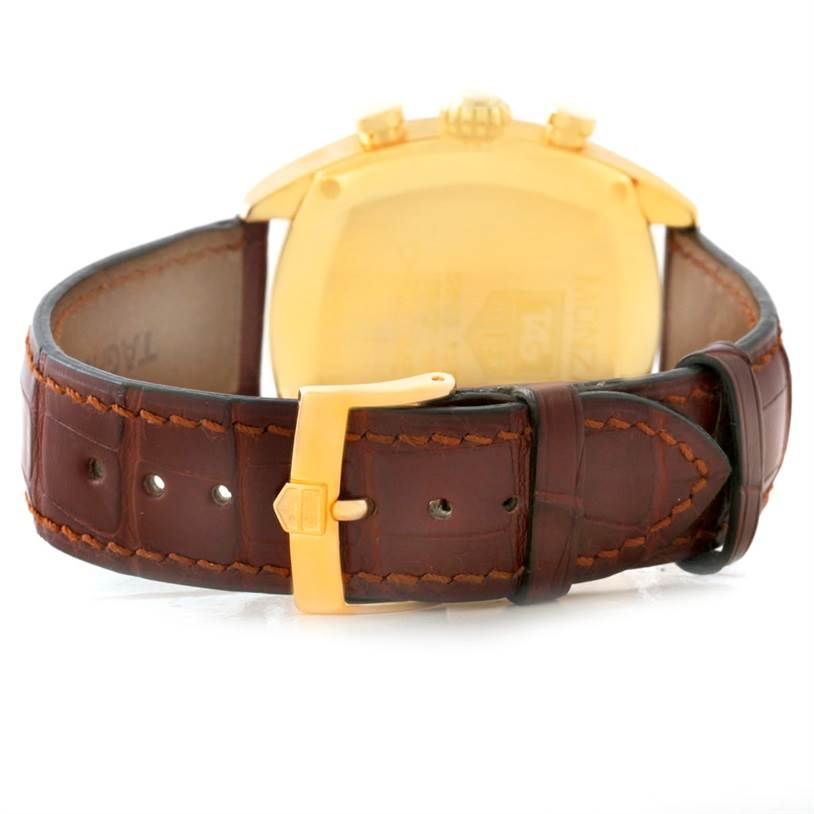 This image shows the back and strap of the Tag Heuer Monza CR514A.FC8145 Yellow Gold Silver Dial CR514A.FC8145 Yellow Gold Silver Dial watch, focusing on the clasp and stitching details.