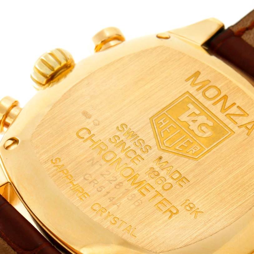 This image shows the case back and crown of the Tag Heuer Monza CR514A.FC8145 Yellow Gold Silver Dial CR514A.FC8145 Yellow Gold Silver Dial model, highlighting its engraved details.