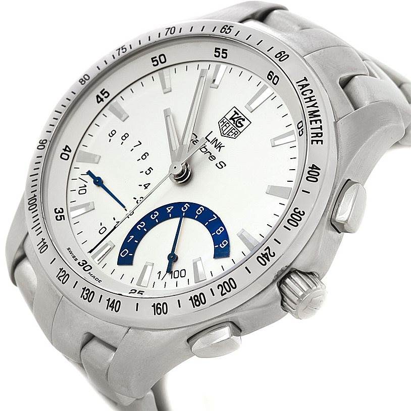 The image shows the face and part of the strap of a Tag Heuer Link CJF2150 Men's Stainless Steel Silver Dial CJF2150 Men's Stainless Steel Silver Dial model watch, viewed from a slightly angled perspective.