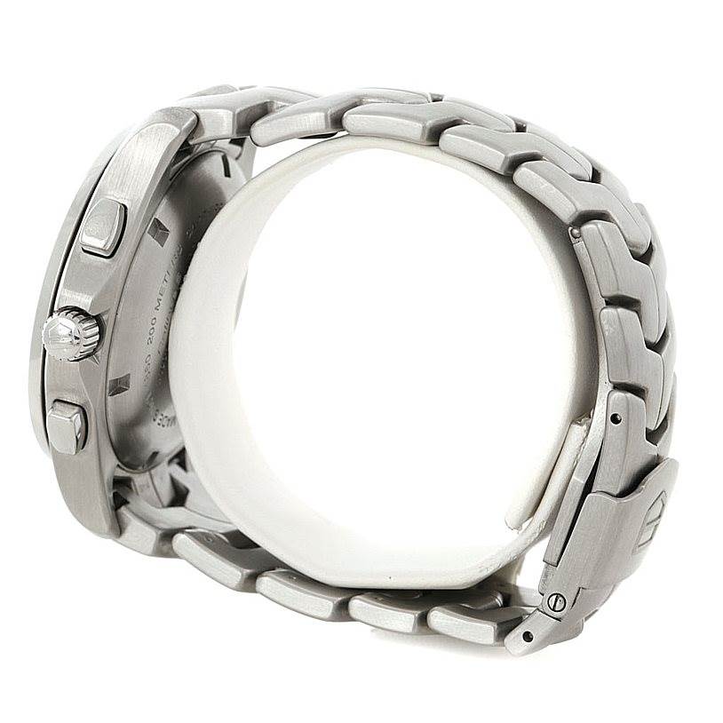 This side angle image of the Tag Heuer Link CJF2150 Men's Stainless Steel Silver Dial CJF2150 Men's Stainless Steel Silver Dial watch showcases the band, crown, and chronograph buttons.