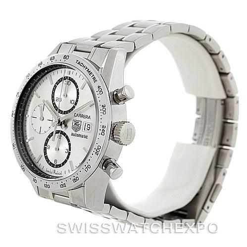 The image shows a side angle view of the Tag Heuer Carrera CV2017 Men's Stainless Steel Silver Dial CV2017 Men's Stainless Steel Silver Dial watch, highlighting the bezel, crown, pushers, and bracelet.