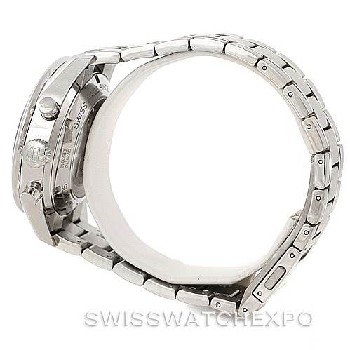 The image shows a side view of a Tag Heuer Carrera CV2017 Men's Stainless Steel Silver Dial CV2017 Men's Stainless Steel Silver Dial watch, highlighting its stainless steel case and bracelet.