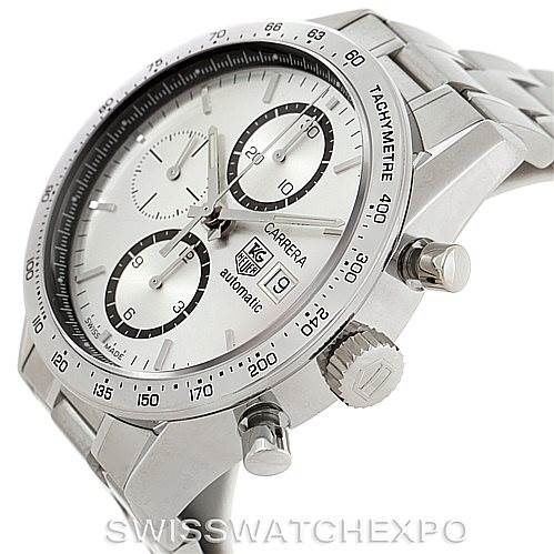 The image shows a side angle of the Tag Heuer Carrera CV2017 Men's Stainless Steel Silver Dial CV2017 Men's Stainless Steel Silver Dial watch, highlighting the face, chronograph dials, crown, and tachymeter bezel.