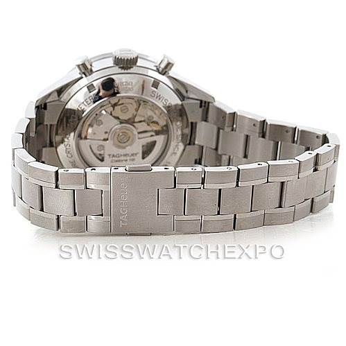 The image shows the back and part of the bracelet of a Tag Heuer Carrera CV2017 Men's Stainless Steel Silver Dial CV2017 Men's Stainless Steel Silver Dial watch, highlighting the movement and clasp.