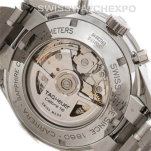 The image shows the back side of a Tag Heuer Carrera CV2017 Men's Stainless Steel Silver Dial CV2017 Men's Stainless Steel Silver Dial watch, highlighting the Calibre 16 movement and stainless steel casing.
