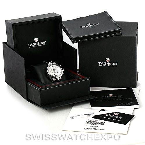 The image shows a Tag Heuer Carrera CV2017 Men's Stainless Steel Silver Dial CV2017 Men's Stainless Steel Silver Dial watch inside its presentation box, accompanied by the watch case, documentation, and warranty card.