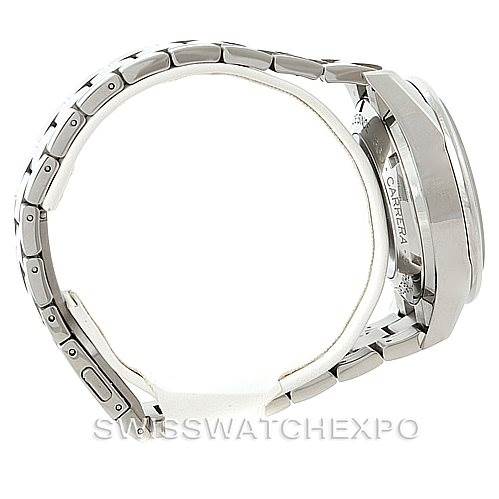 This image shows a side view of the Tag Heuer Carrera CV2017 Men's Stainless Steel Silver Dial CV2017 Men's Stainless Steel Silver Dial watch, highlighting the band and casing.