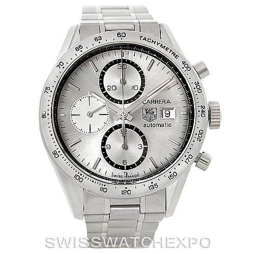 This image shows a frontal view of a Tag Heuer Carrera CV2017 Men's Stainless Steel Silver Dial CV2017 Men's Stainless Steel Silver Dial watch, highlighting its dial, chronograph sub-dials, and bracelet.