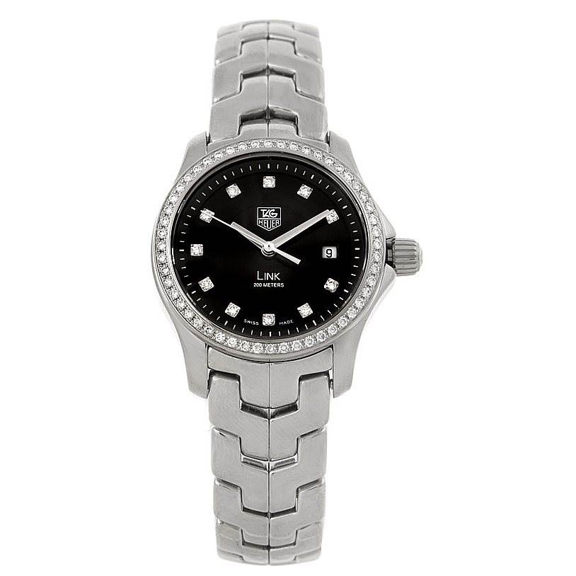 This image shows a frontal view of the Tag Heuer Link WJF131A Women's Stainless Steel Black Dial WJF131A Women's Stainless Steel Black Dial model watch, displaying its face, bezel, and bracelet.