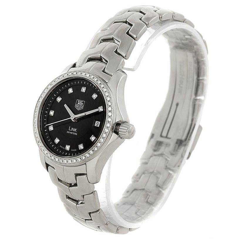 The Tag Heuer Link WJF131A Women's Stainless Steel Black Dial WJF131A Women's Stainless Steel Black Dial watch is shown at a front angle, displaying the face, bezel, crown, and part of the bracelet.