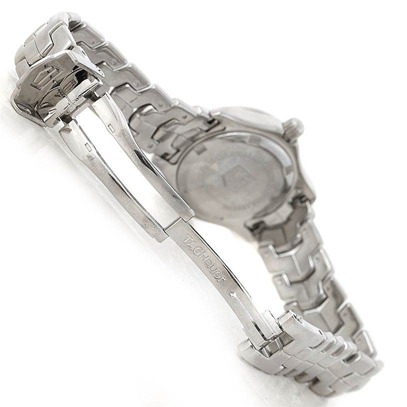 The image shows the clasp and bracelet of a Tag Heuer Link WJF131A Women's Stainless Steel Black Dial WJF131A Women's Stainless Steel Black Dial model watch from a side angle.