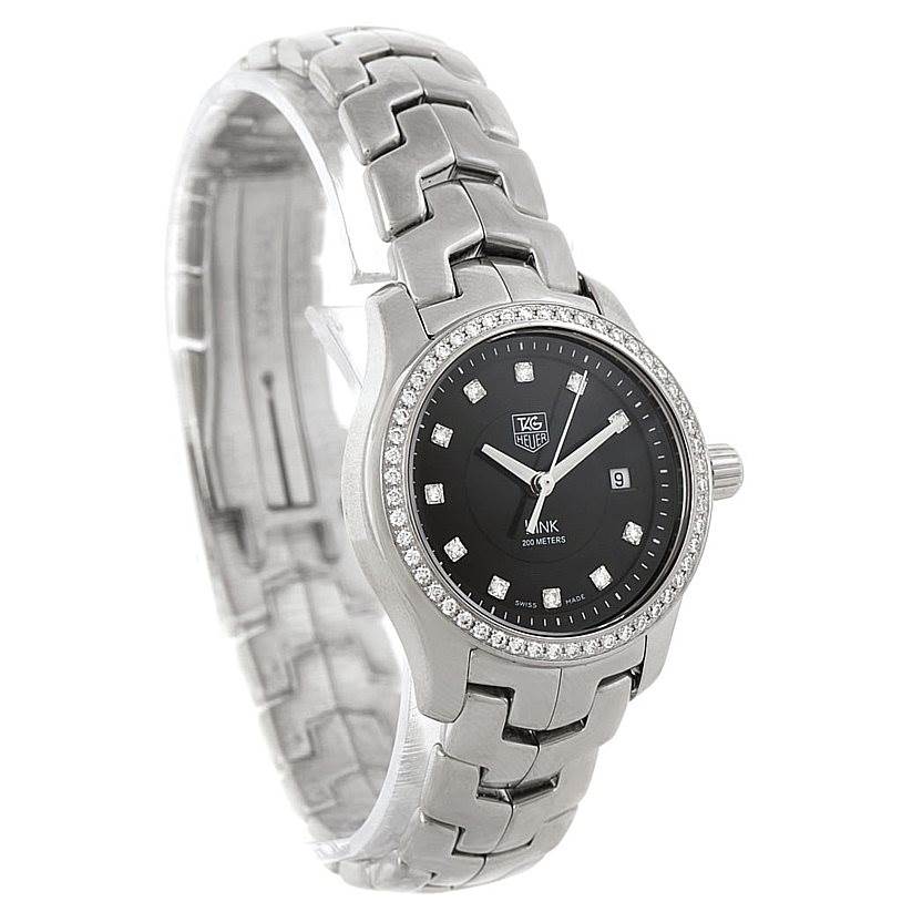 The image shows a Tag Heuer Link WJF131A Women's Stainless Steel Black Dial WJF131A Women's Stainless Steel Black Dial model watch at a three-quarters angle, highlighting the face, bezel, and part of the bracelet.