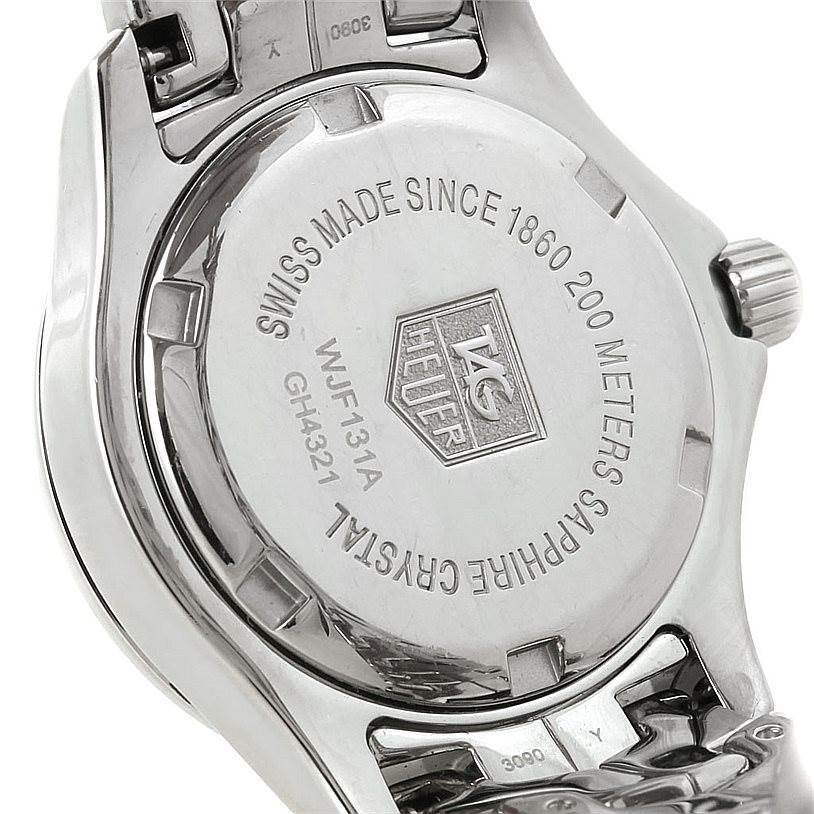 This Tag Heuer Link WJF131A Women's Stainless Steel Black Dial WJF131A Women's Stainless Steel Black Dial model watch is shown from the back, highlighting the case back and part of the bracelet.