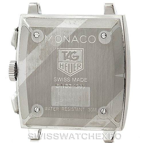This is the back view of a Tag Heuer Monaco CW2113 Men's Stainless Steel Blue Dial CW2113 Men's Stainless Steel Blue Dial watch, showing the case back and crown.