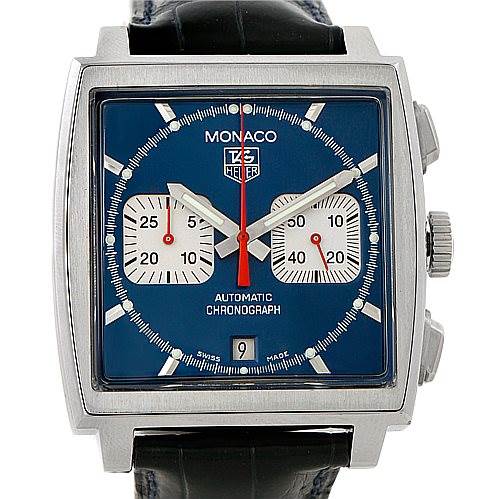 This image shows a front view of the Monaco model by Tag Heuer, displaying its blue dial and chronograph functions.