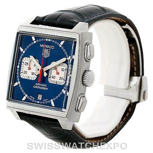 The Tag Heuer Monaco CW2113 Men's Stainless Steel Blue Dial CW2113 Men's Stainless Steel Blue Dial watch is shown from a front and side angle, highlighting its square case, blue dial, chronograph subdials, and leather strap.