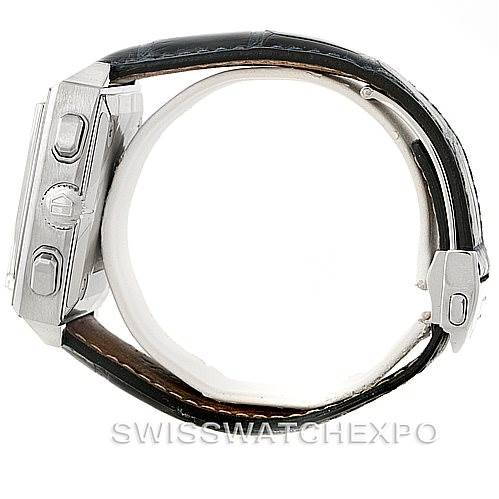 The image shows a side view of the Tag Heuer Monaco CW2113 Men's Stainless Steel Blue Dial CW2113 Men's Stainless Steel Blue Dial watch, highlighting the buttons and leather strap.