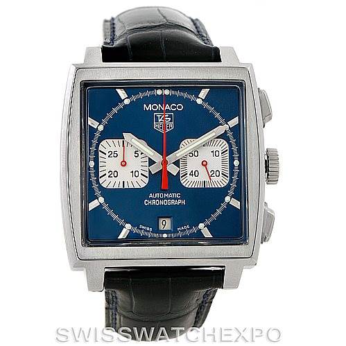 The image shows a front view of the Tag Heuer Monaco CW2113 Men's Stainless Steel Blue Dial CW2113 Men's Stainless Steel Blue Dial watch displaying its blue dial, two subdials, and a black leather strap.