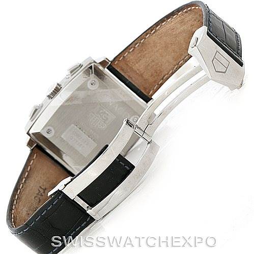 This image shows the back and clasp of the Tag Heuer Monaco CW2113 Men's Stainless Steel Blue Dial CW2113 Men's Stainless Steel Blue Dial watch, highlighting its deployment clasp and leather strap.