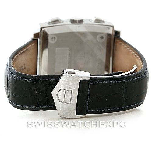This image shows the back view of a Tag Heuer Monaco CW2113 Men's Stainless Steel Blue Dial CW2113 Men's Stainless Steel Blue Dial watch, focusing on the clasp and leather strap.