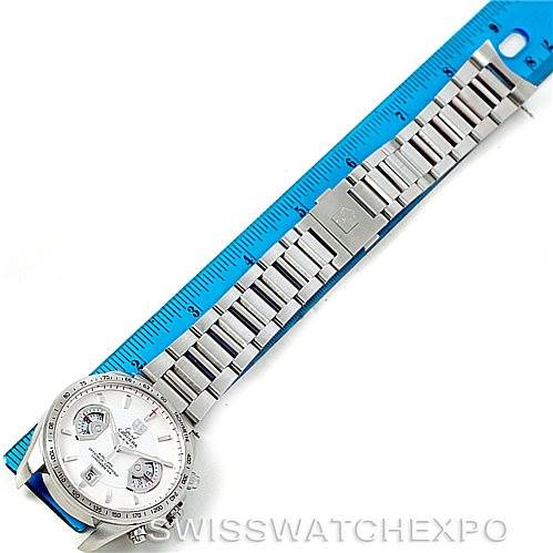 The Tag Heuer Carrera CAV511B Men's Stainless Steel Silver Dial CAV511B Men's Stainless Steel Silver Dial model watch is shown from a top-down angle, displaying the full bracelet length alongside a blue ruler.