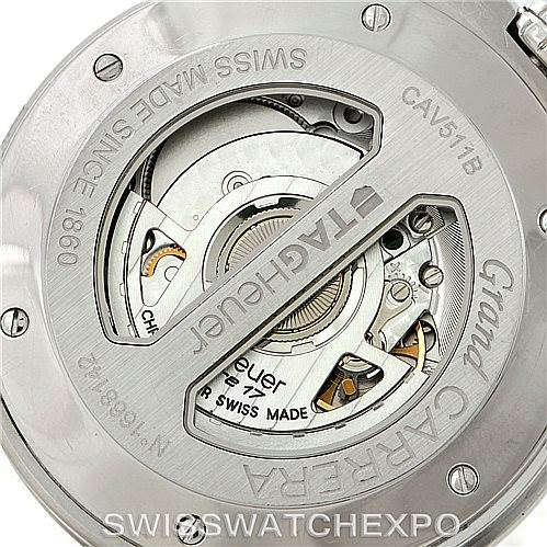 The image shows the case back of a Tag Heuer Carrera CAV511B Men's Stainless Steel Silver Dial CAV511B Men's Stainless Steel Silver Dial watch, highlighting the movement mechanism and branding.
